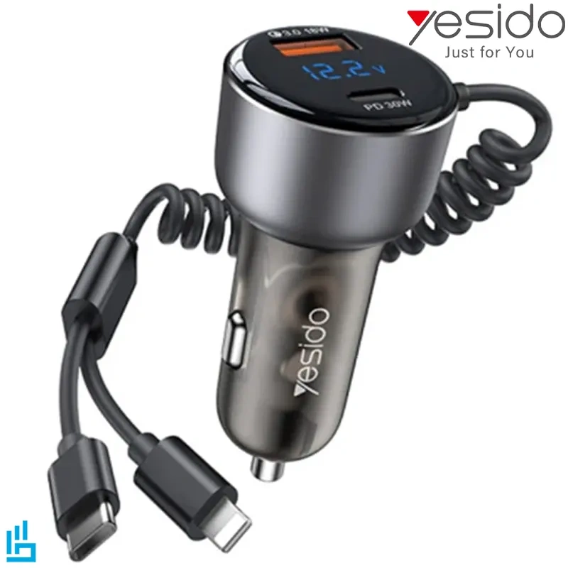 شارژر فندکی یسیدو YESIDO به همراه کابل تایپ سی type-c / لایتنینگ lightning مدل Y58