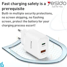 شارژر دیواری یسیدو Yesido به همراه کابل TypeC To Lightning مدل YC47