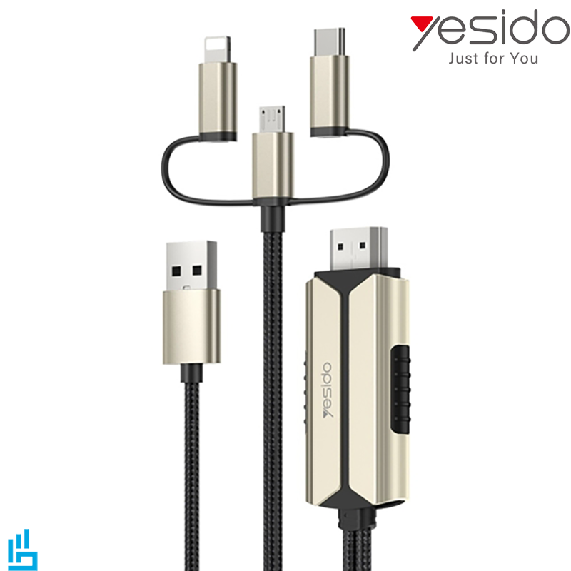 کابل تبدیل سه سر HDMI 4K به لایتنینگ تایپ سی میکرو USB یسیدو Yesido HM14 طول 2 متر