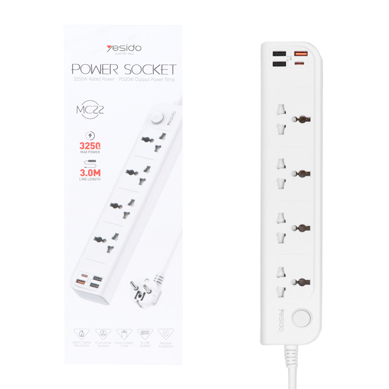 چندراهی 4 خانه USB دار Yesido یسیدو MC22 کابل 3 متری