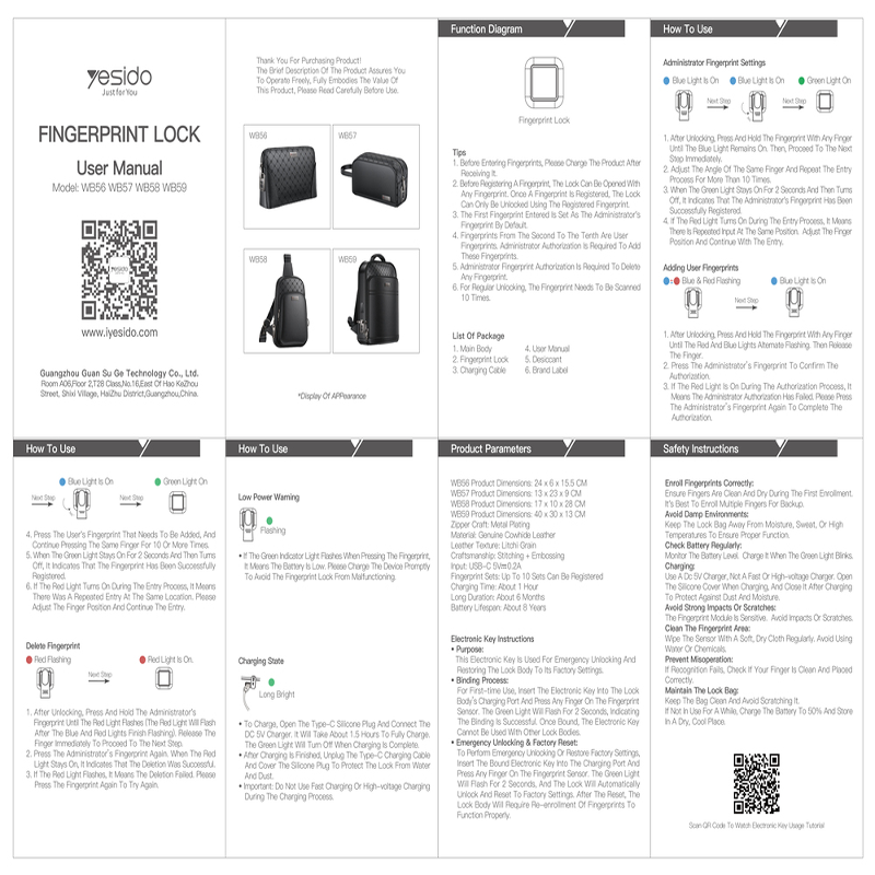 کیف کراس بادی Yesido قفل اثر انگشتی WB58 Fingerprint lock